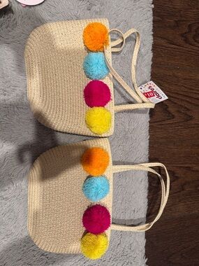 Pom Pom Straw Tote Bag - Girls